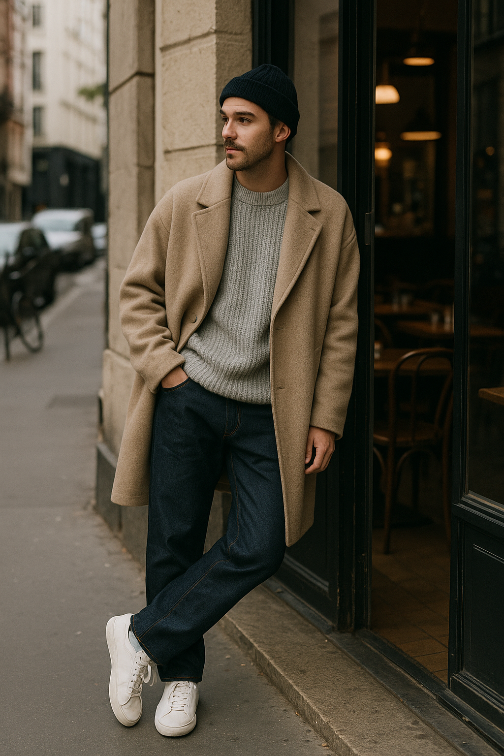 SKIPIKS AI 패션 화보 — casual, streetwear, dandy — 베이지 코트와 진청색 데님이 클래식하면서도 세련된 분위기를 연출해요. 회색 니트와 네이비 비니로 포근함을 더하고, 화이트 스니커즈로 산뜻한 포인