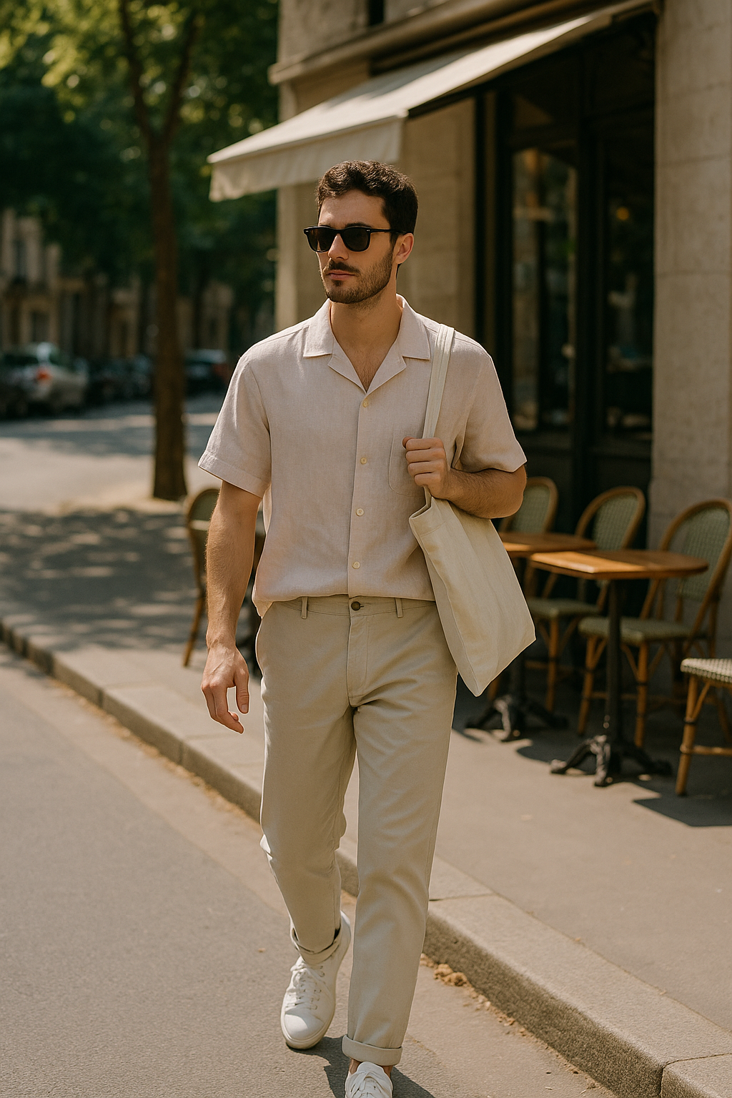 SKIPIKS AI 패션 화보 — minimalist, casual — 이 룩은 베이지와 크림 컬러가 어우러진 부드러운 무드의 여름 스타일링입니다. 반팔 셔츠와 크림색 바지로 미니멀한 캐주얼룩을 연출해보세요. 데일리