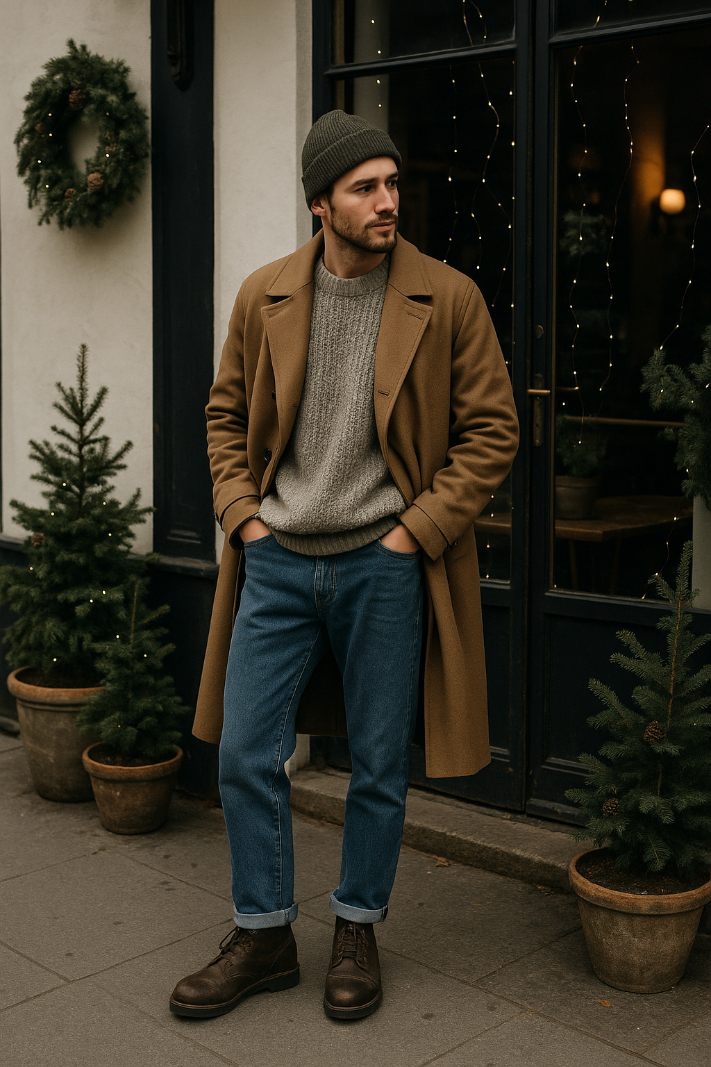 SKIPIKS AI 패션 화보 — casual, classic, cozy — 따뜻한 카멜 코트와 회색 니트의 조합으로 세련된 겨울 룩을 완성하세요. 청바지와 갈색 부츠로 캐주얼하면서도 우아한 스타일을 연출할 수 있습니다.