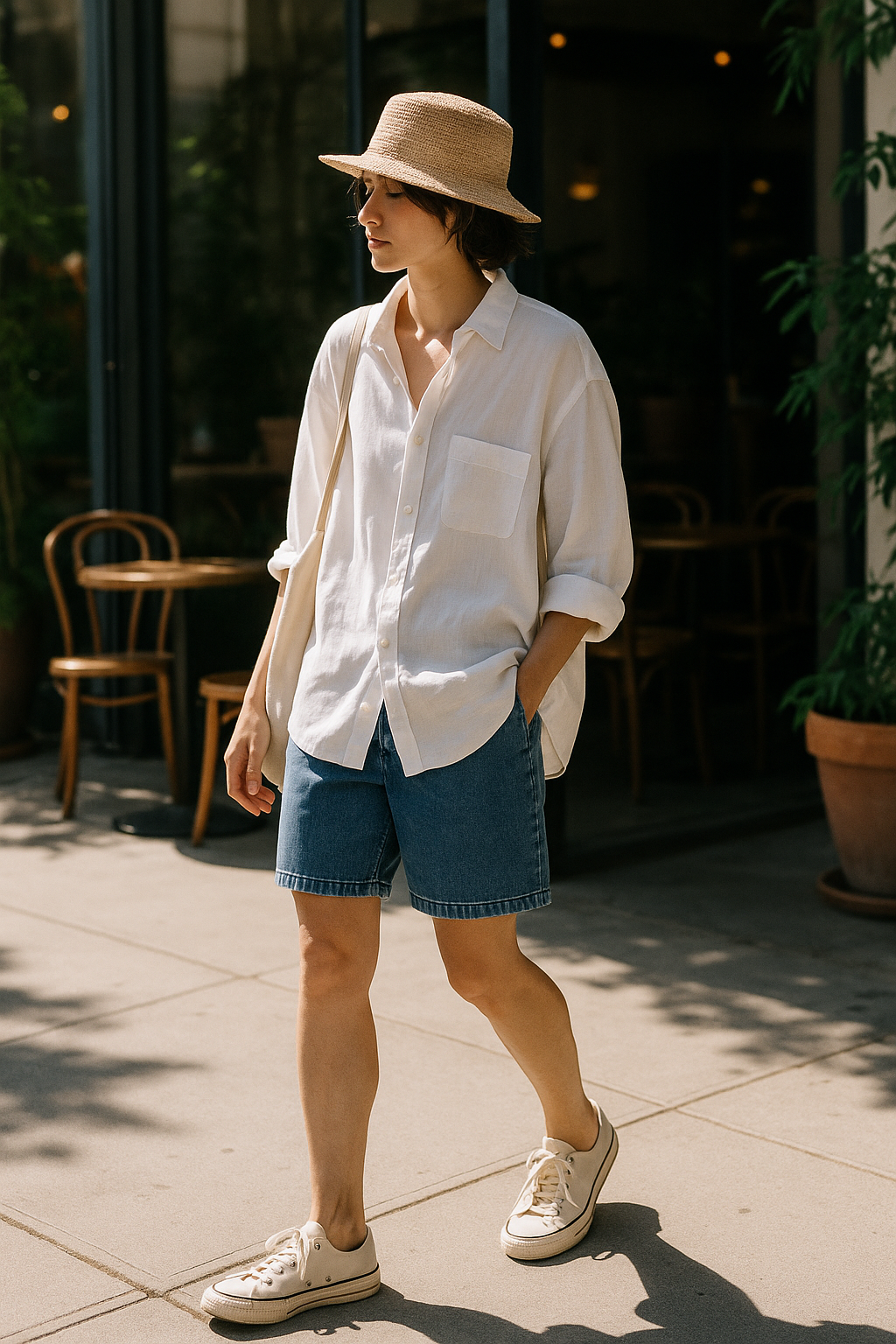 SKIPIKS AI 패션 화보 — minimalist, casual — 루즈한 핏의 아이보리 셔츠와 청반바지의 조합이 깔끔하면서도 상쾌한 느낌을 줍니다. 크림색 스니커즈와 베이지 모자가 전체적인 룩에 자연스럽게 어우