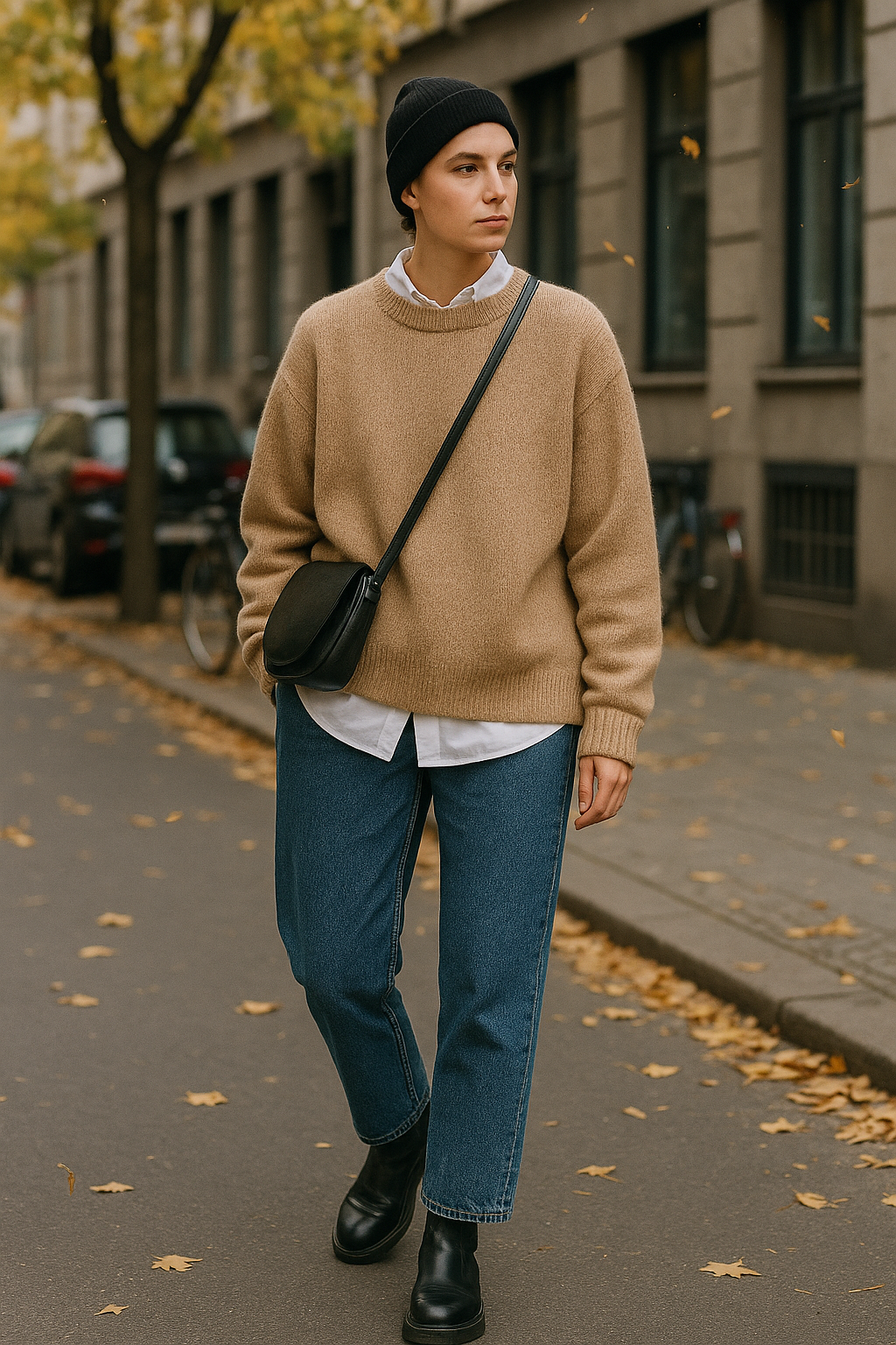 SKIPIKS AI 패션 화보 — minimalist, casual — 베이지 스웨터와 청바지 조합으로 편안하면서도 감각적인 가을 무드를 연출해보세요. 흰색 셔츠 레이어드로 깔끔한 포인트를 더하고, 검정 비니와 부츠