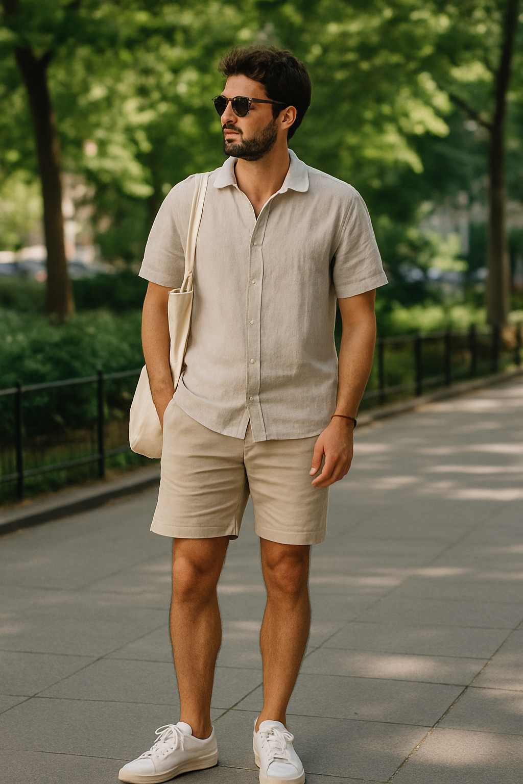 SKIPIKS AI 패션 화보 — casual, minimalist — 베이지 톤의 린넨 셔츠와 반바지로 완성된 시원하고 산뜻한 여름 룩입니다. 가벼운 캔버스 백과 화이트 운동화를 매치하여 편안하면서도 스타일리시한 
