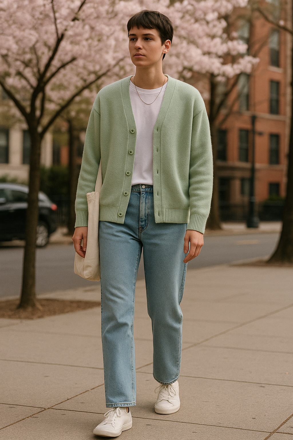 SKIPIKS AI 패션 화보 — minimalist, casual — 연녹색 가디건과 연청색 청바지가 부드러운 봄의 감성을 강조합니다. 흰색 티셔츠와 운동화를 매치하여 깔끔하면서도 편안한 이지 캐주얼룩을 완성하세요