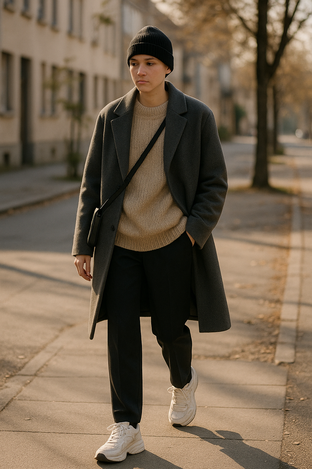 SKIPIKS AI 패션 화보 — minimalist, streetwear, casual — 따뜻한 회색 코트와 베이지 니트의 조화로 단정하면서도 따뜻한 무드를 연출해보세요. 슬랙스와 깔끔한 흰색 운동화를 매치해 편안함을 더했으며, 크로