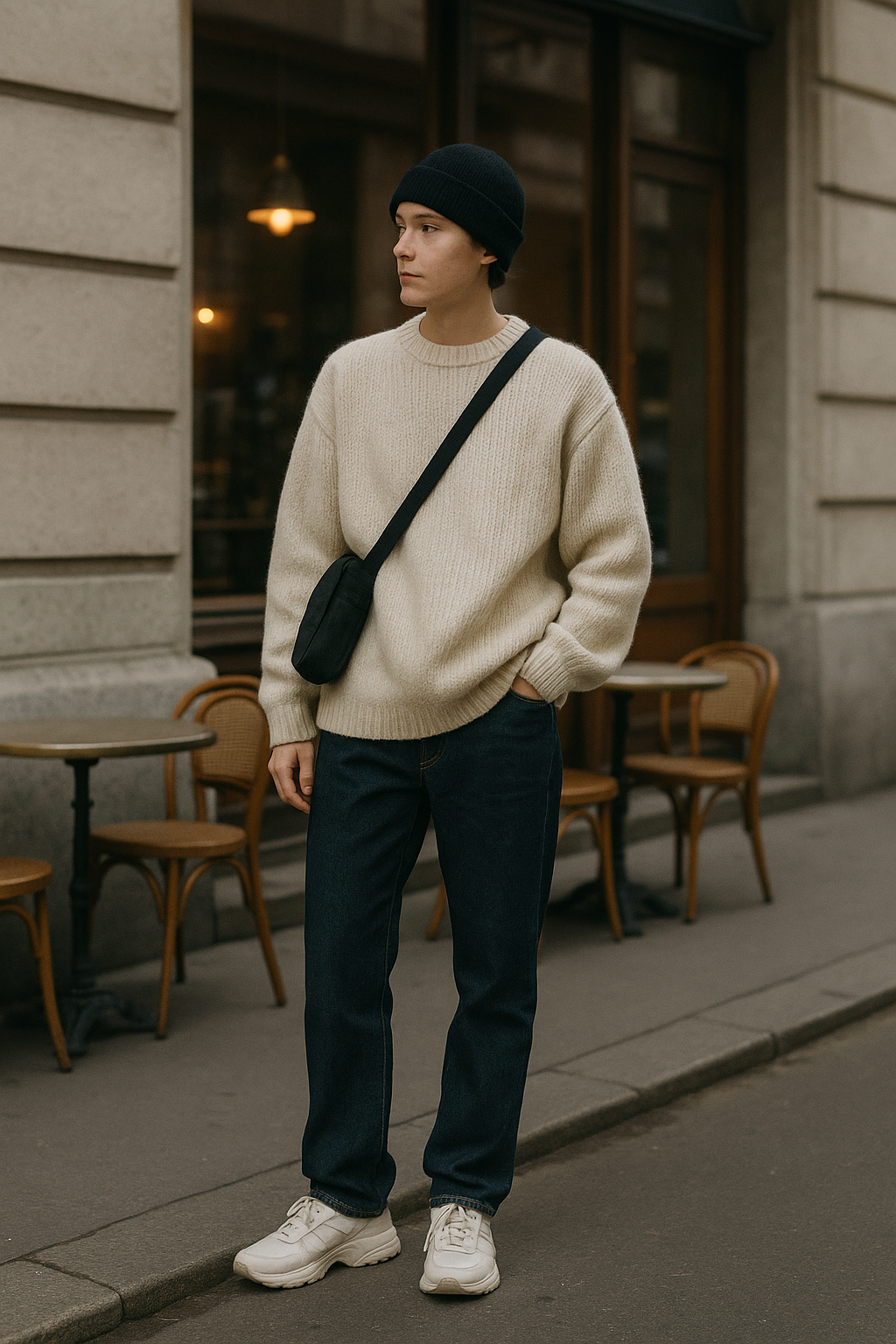 SKIPIKS AI 패션 화보 — casual, minimalist — 따뜻한 아이보리 니트 스웨터로 부드러운 분위기를 연출해보세요. 진청색 청바지와 매치하여 베이직한 매력을 강조할 수 있습니다. 검정 비니와 크로스