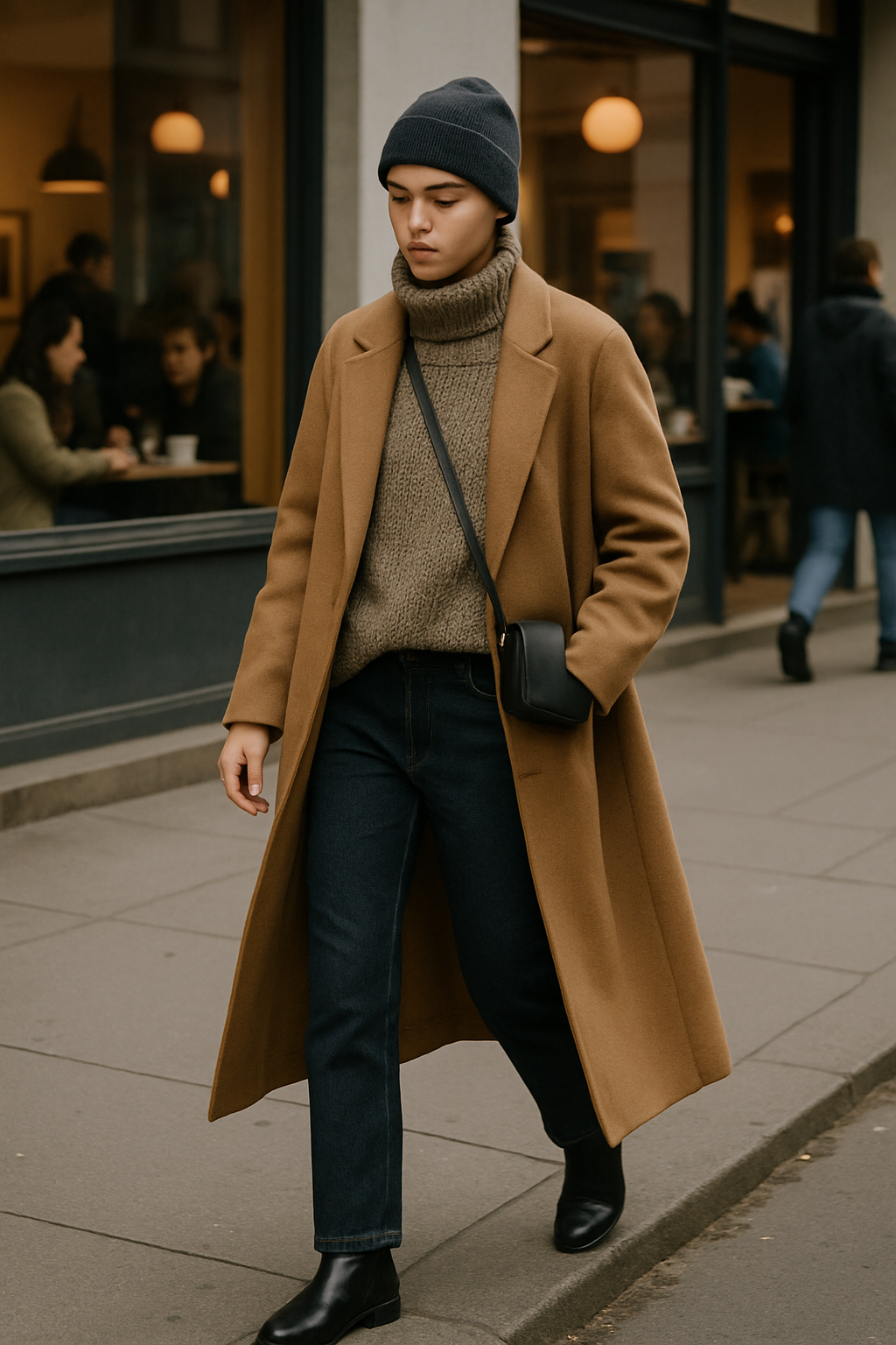 SKIPIKS AI 패션 화보 — minimalist, casual, chic — 브라운 코트와 터틀넥의 조화가 따뜻하면서도 세련된 무드를 완성해줍니다. 청바지와 블랙 첼시 부츠를 매치하여 클래식하고 스타일리시한 느낌을 살려보