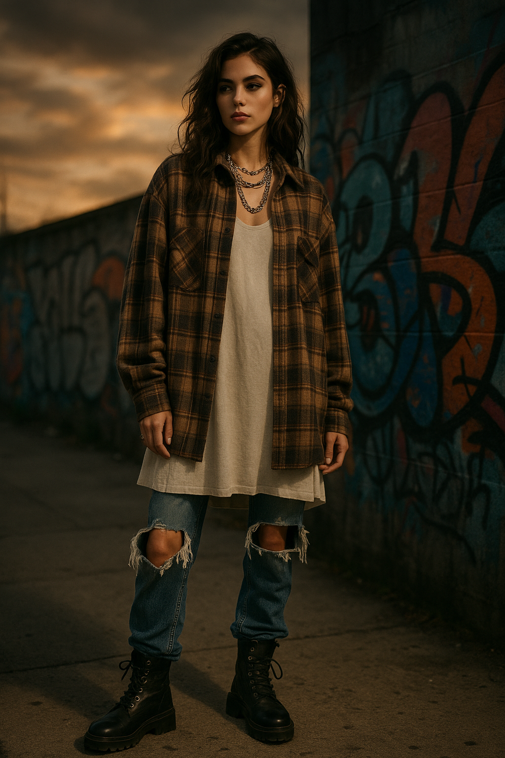 SKIPIKS AI 패션 화보 — grunge, streetwear, casual — 빈티지한 체크 셔츠와 찢어진 청바지가 매력적인 스트리트 무드를 완성해보세요. 롱 티셔츠로 레이어링한 룩에 워커 부츠로 트렌디한 포인트를 더하는 