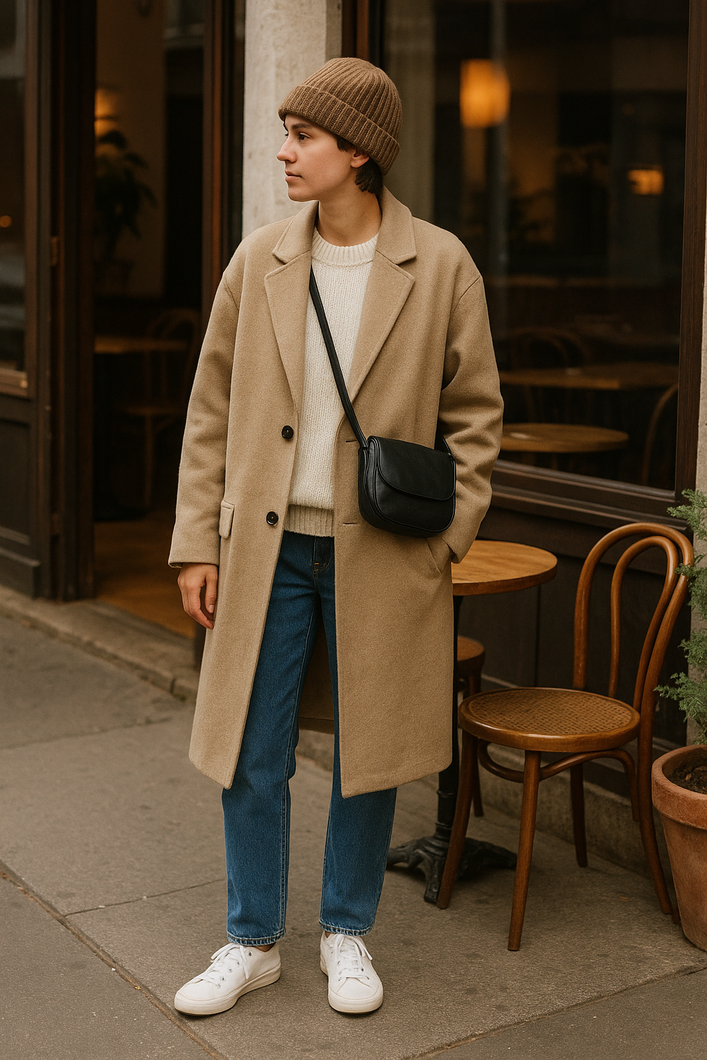 SKIPIKS AI 패션 화보 — casual, minimalist — 부드러운 베이지 코트와 아이보리 니트의 조합이 따뜻하고 아늑한 감성을 연출해보세요. 데님 팬츠와 화이트 스니커즈로 캐주얼함을 더하며, 브라운 비