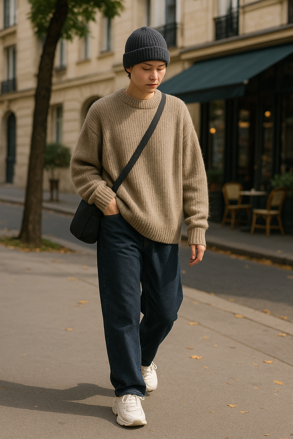 SKIPIKS AI 패션 화보 — casual, streetwear — 네이비 비니와 베이지 니트가 조화를 이루어 편안함과 따뜻함이 전달되는 캐주얼한 가을 룩입니다. 깔끔한 청바지와 화이트 스니커즈로 한층 더 심플하
