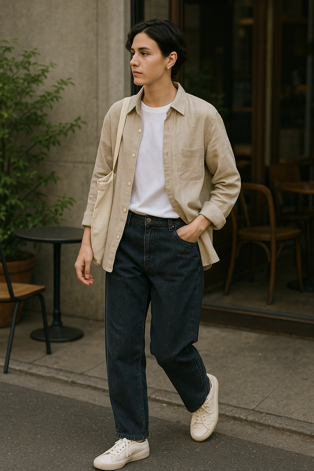 SKIPIKS AI 패션 화보 — minimalist, casual — 베이지 셔츠와 네이비 청바지의 조화가 심플하면서도 세련된 무드를 주는 룩이에요. 밝은 베이지 셔츠는 흰색 티셔츠와 레이어링해 산뜻한 느낌을 더했