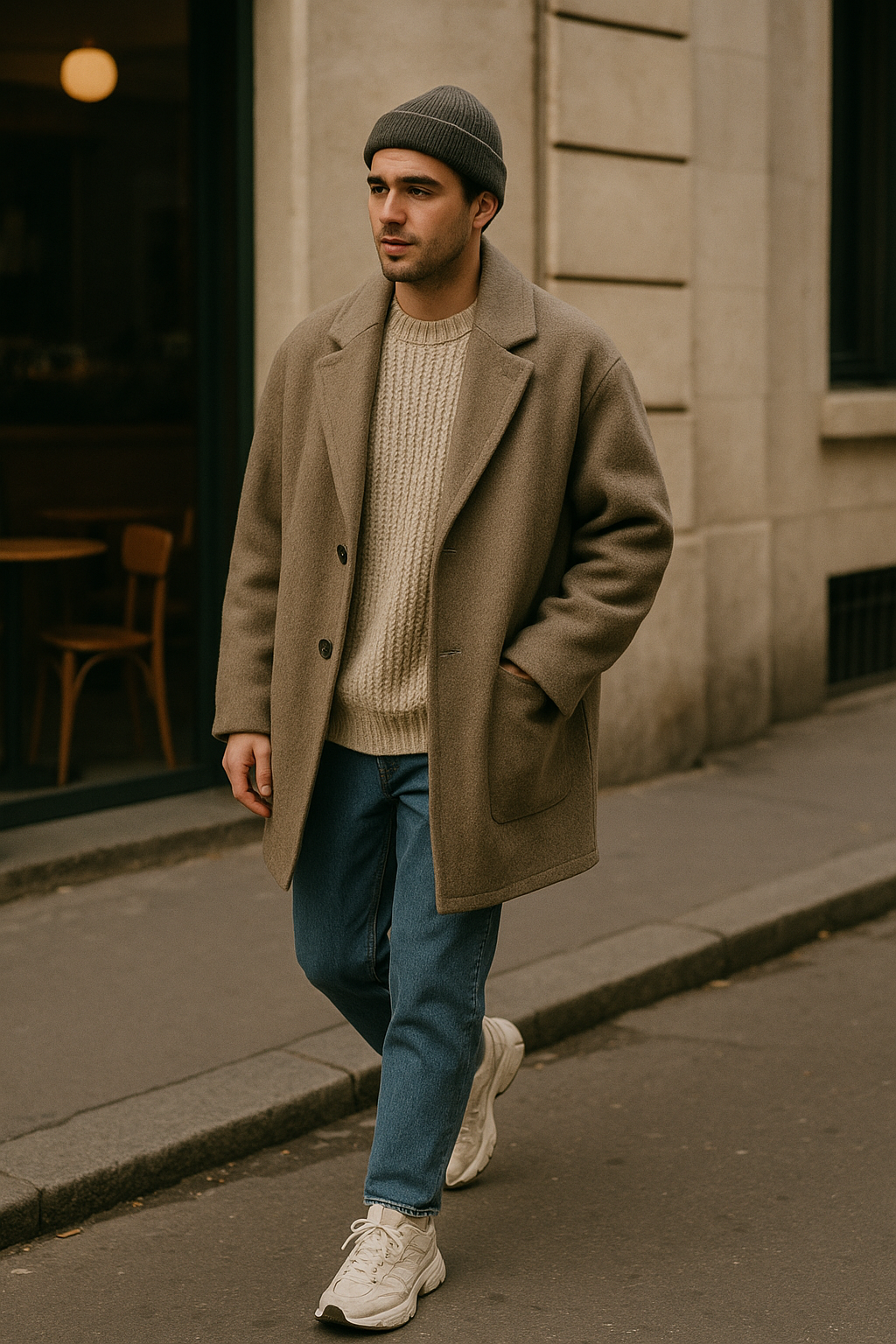 SKIPIKS AI 패션 화보 — casual, cozy, urban — 베이지 코트와 니트 스웨터의 조화로 따뜻하고 부드러운 분위기를 연출해보세요. 블루 청바지와 화이트 운동화로 캐주얼한 무드를 살리고, 편안한 스타