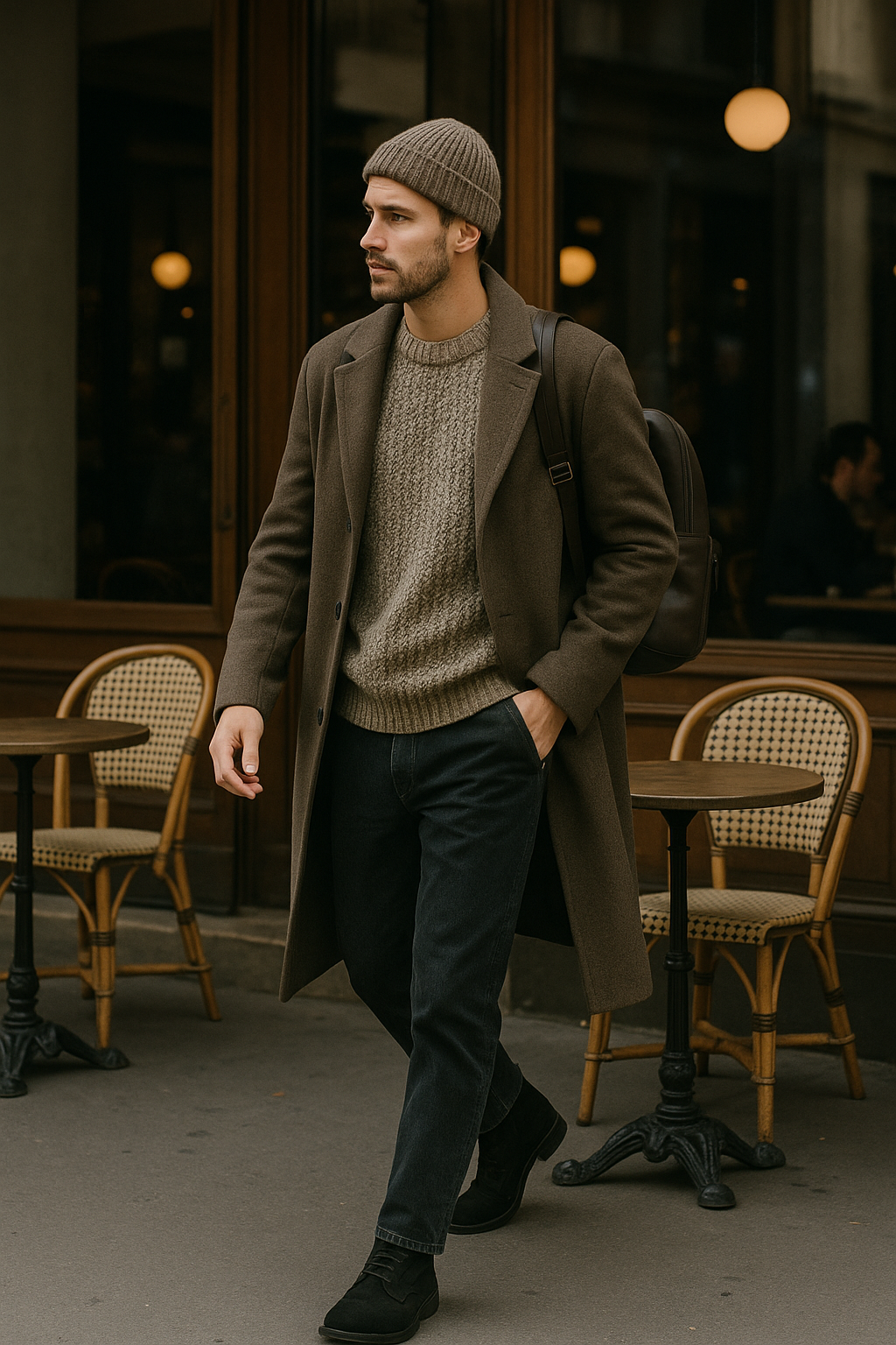 SKIPIKS AI 패션 화보 — minimalist, smartcasual — 브라운과 베이지의 따뜻한 색감이 매력적인 룩으로, 단정하면서도 여유로운 무드를 연출합니다. 니트와 코트의 조합은 가을에 적합하며, 어두운 색의 