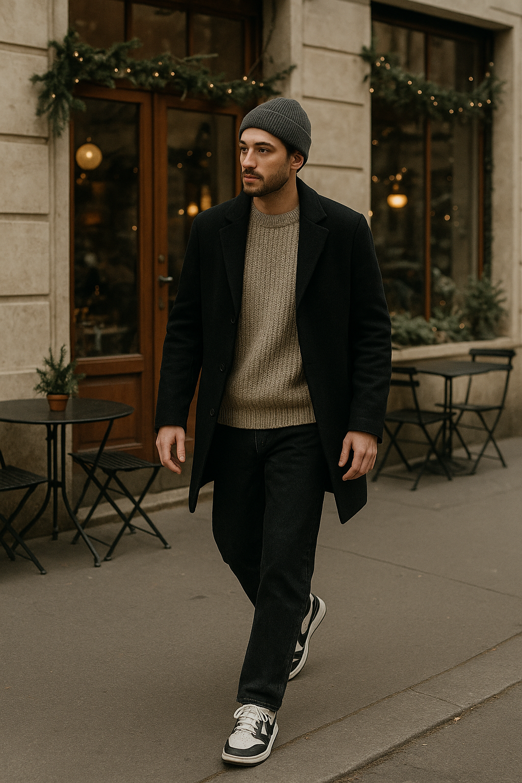 SKIPIKS AI 패션 화보 — modern, casual — 검정 코트와 베이지 니트 스웨터의 조화가 모던하면서도 따뜻한 분위기를 만들어줘요. 청바지와 운동화를 매치해 캐주얼하지만 세련된 룩을 완성해보세요