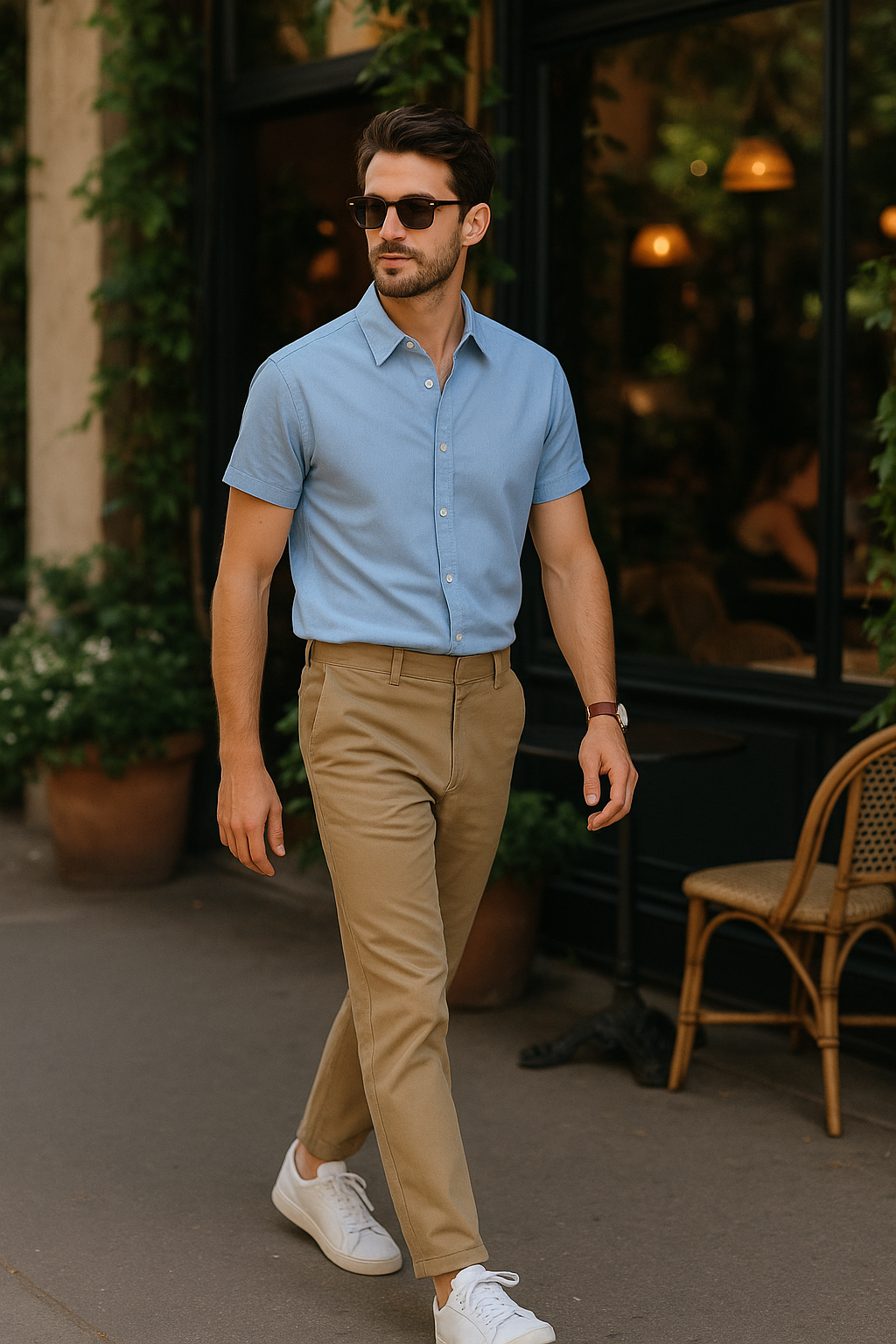 SKIPIKS AI 패션 화보 — casual, chic, minimalist — 하늘색 셔츠와 베이지 슬랙스가 시원하고 세련된 무드를 연출해보세요. 흰색 운동화와 선글라스로 모던한 비즈니스 캐주얼 스타일을 완성할 수 있습니다