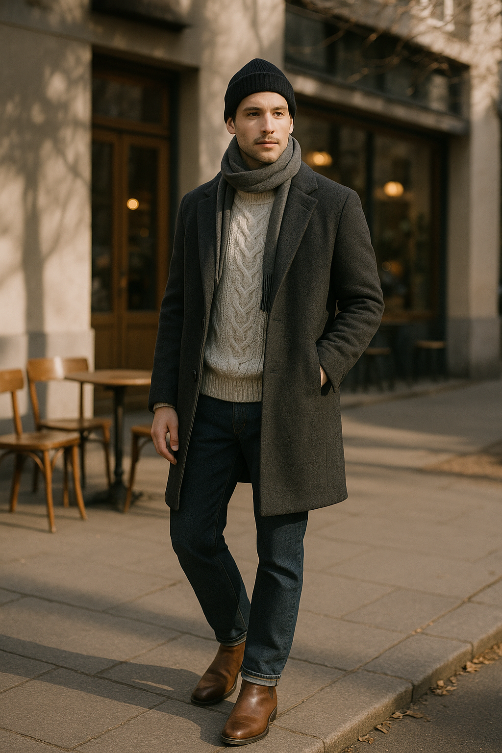 SKIPIKS AI 패션 화보 — minimalist, casual — 다크 그레이 코트와 크림색 니트 스웨터가 세련된 겨울 무드를 완성해줍니다. 첼시 부츠로 클래식하고 모던한 분위기를 더해, 데님 팬츠와 매치하면 
