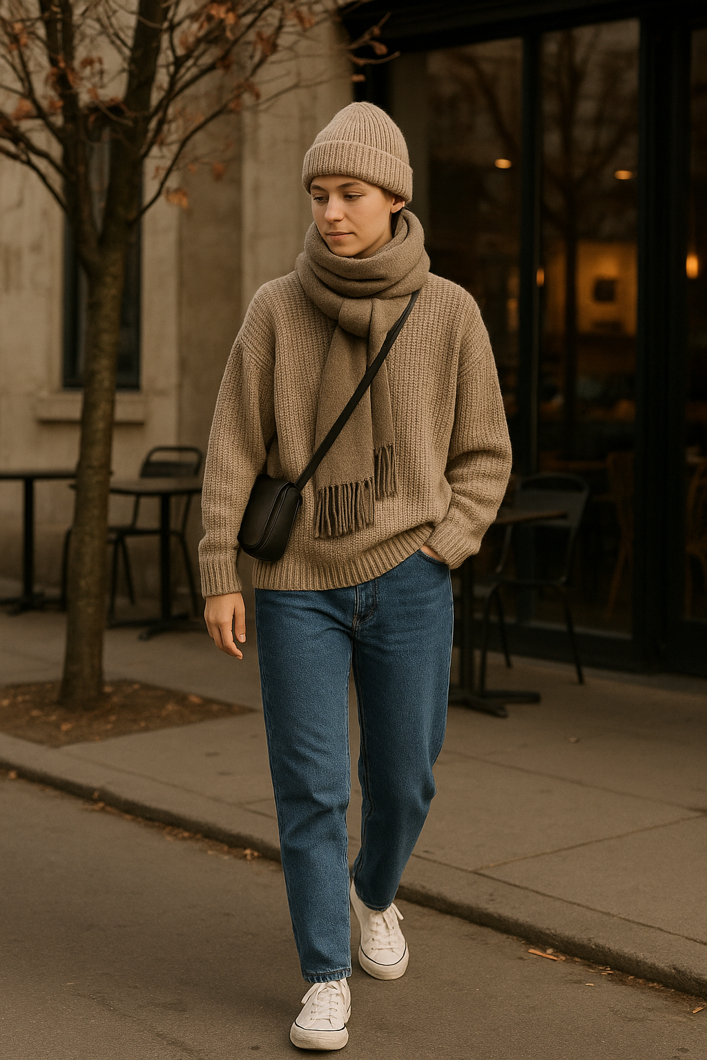 SKIPIKS AI 패션 화보 — casual, comfortable — 편안한 분위기의 베이지 톤 코디로 따뜻하면서도 세련된 무드를 자아냅니다. 여유로운 핏의 니트와 청바지 조합으로 일상에서 편하게 입기 좋으며, 블
