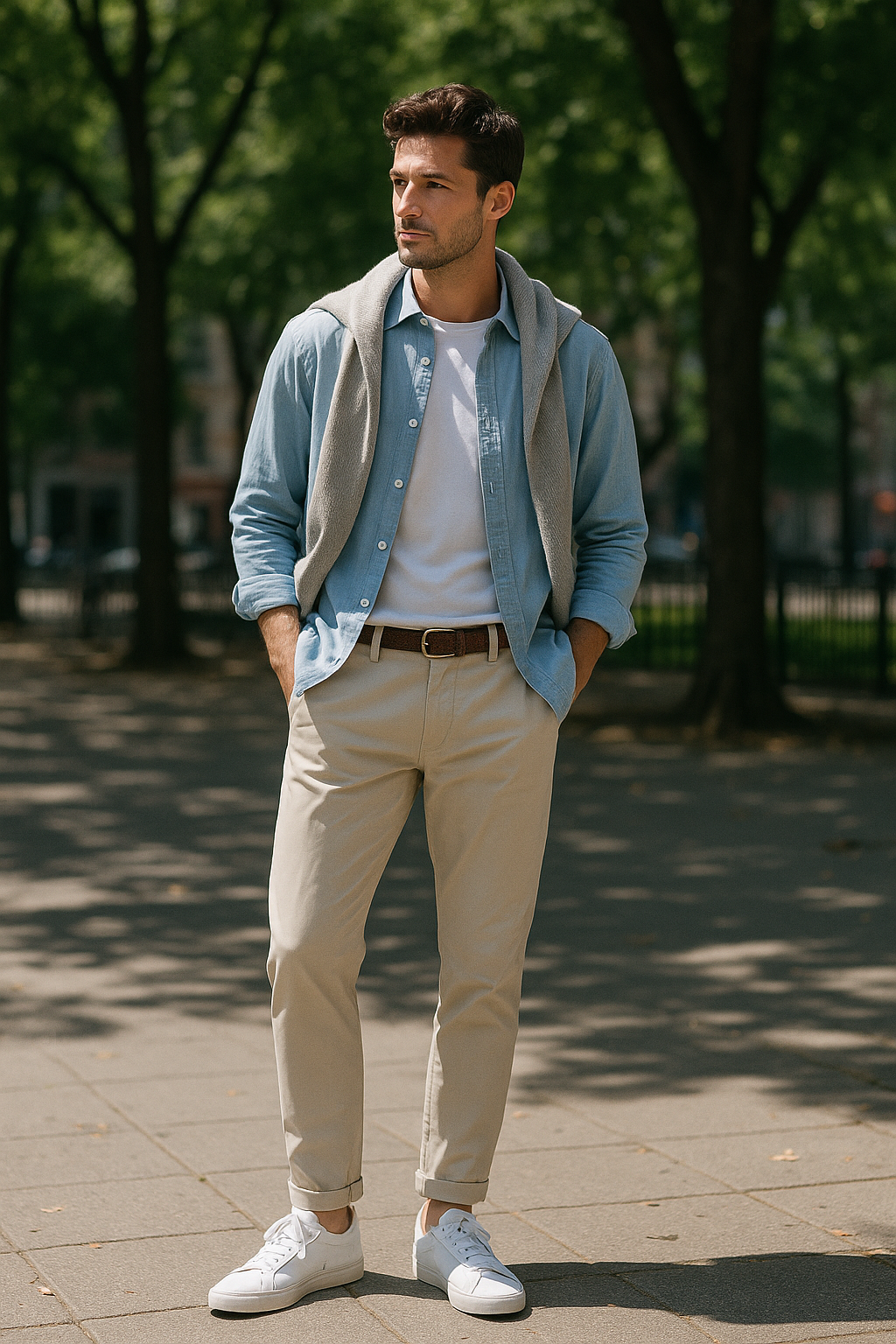 SKIPIKS AI 패션 화보 — casual, minimalist — 부드러운 색감과 간결한 실루엣이 돋보이는 캐주얼 룩입니다. 데님 셔츠와 베이지 치노 팬츠의 조합으로 편안하면서도 깔끔한 분위기를 연출해보세요. 